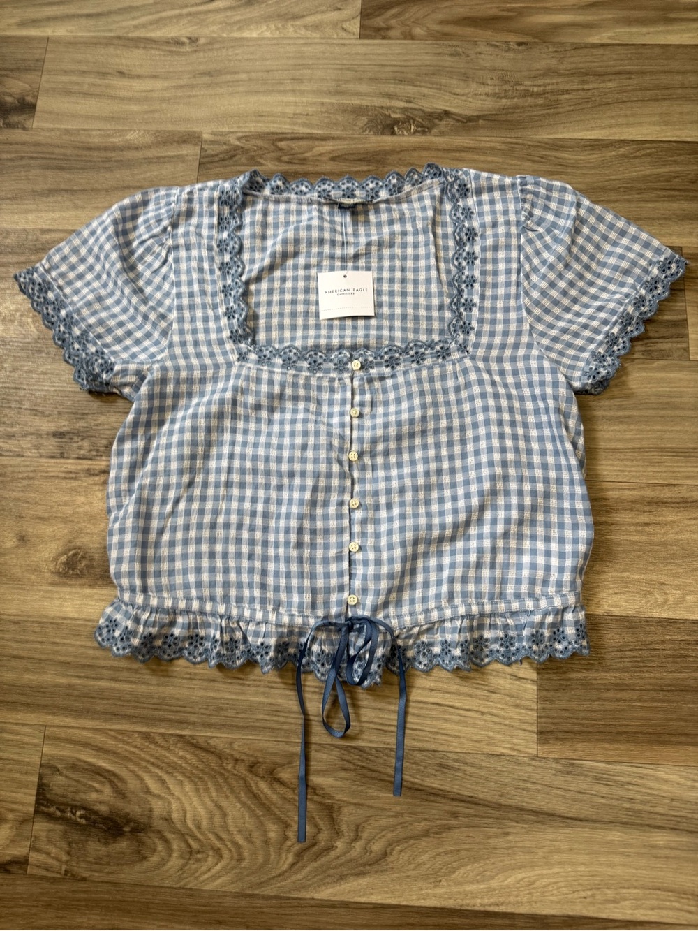 NWT American Eagle Cotton Gingham Cropped Peasant Blouse Size Medium Cottagecore